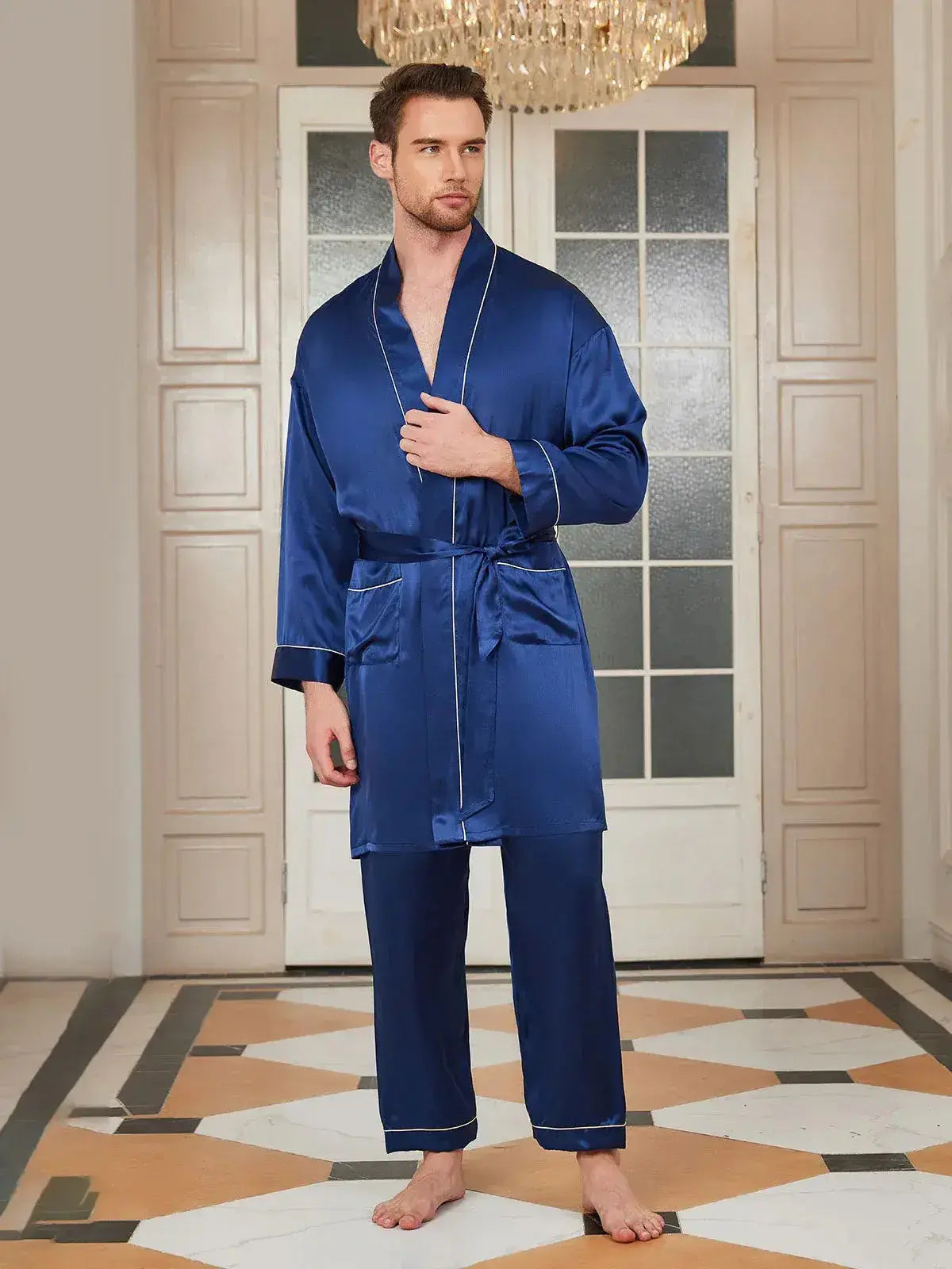 2Pcs Silk Belted Robe & Pants Set - mng-09 Makhmali