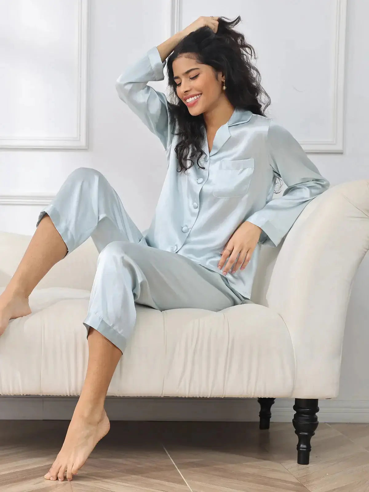 Buy Blue Button Up Women's Silk Pajama Set in Pakistan