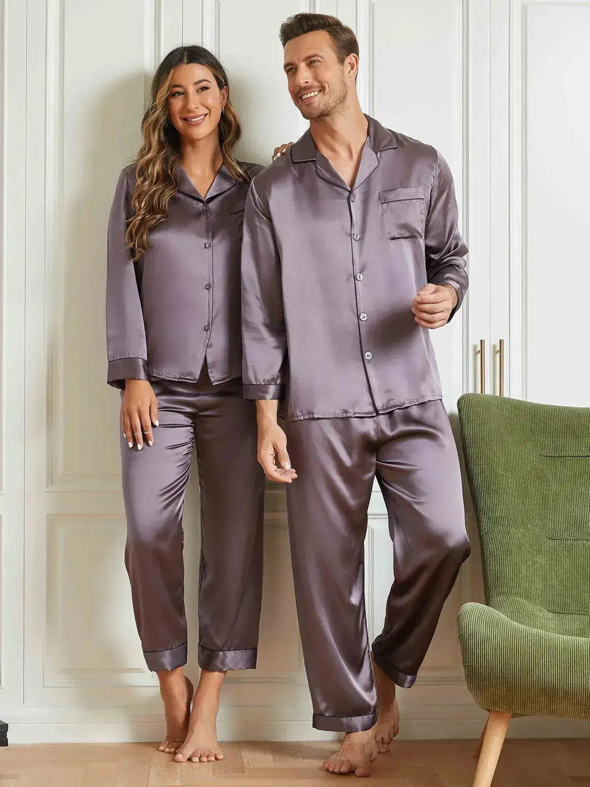 Couple Silk Long Pajama Sets Total 4Pcs cp-02 Makhmali