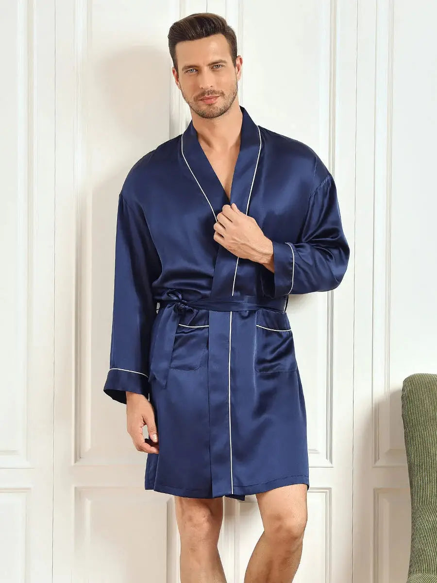 Silk 3/4 Sleeve Belted Robe - mng-01 Makhmali