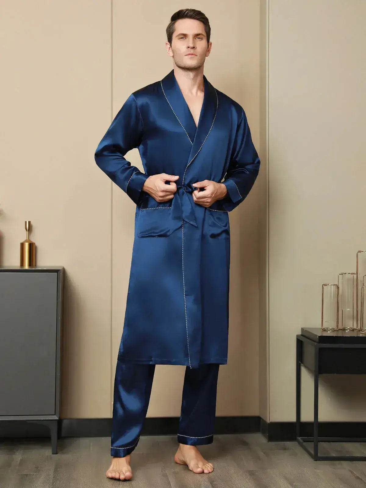 Contrast Piping Belted Robe & Pants Set - mng-05 Makhmali