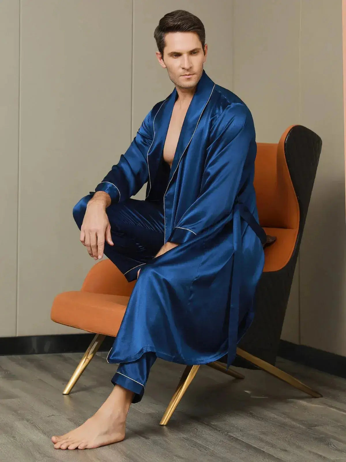 2Pcs Pure Silk Lapel Collar Belted Robe & Pants Set - mng-06 Makhmali