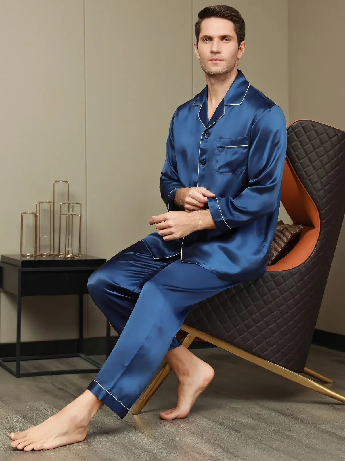 Luxurious Silk Men's Lapel Pajamas 2Pcs - mnp-02