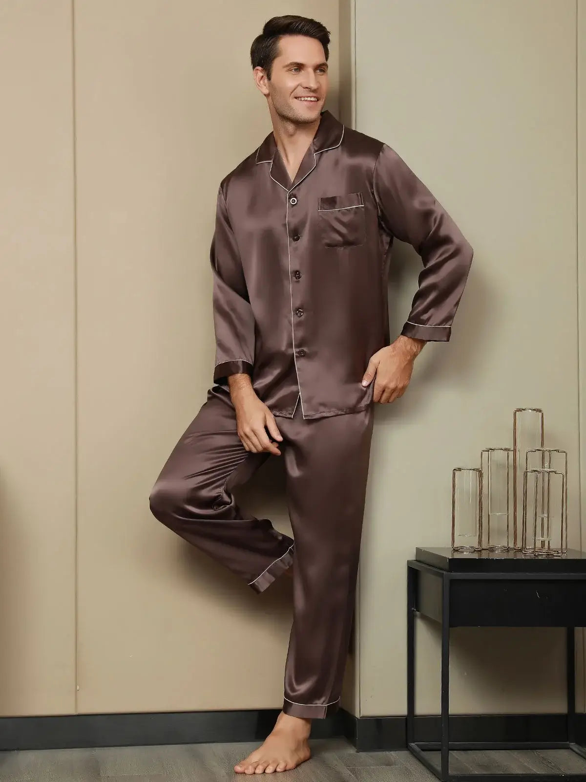 Luxurious Silk Men's Lapel Pajamas 2Pcs - mnp-02