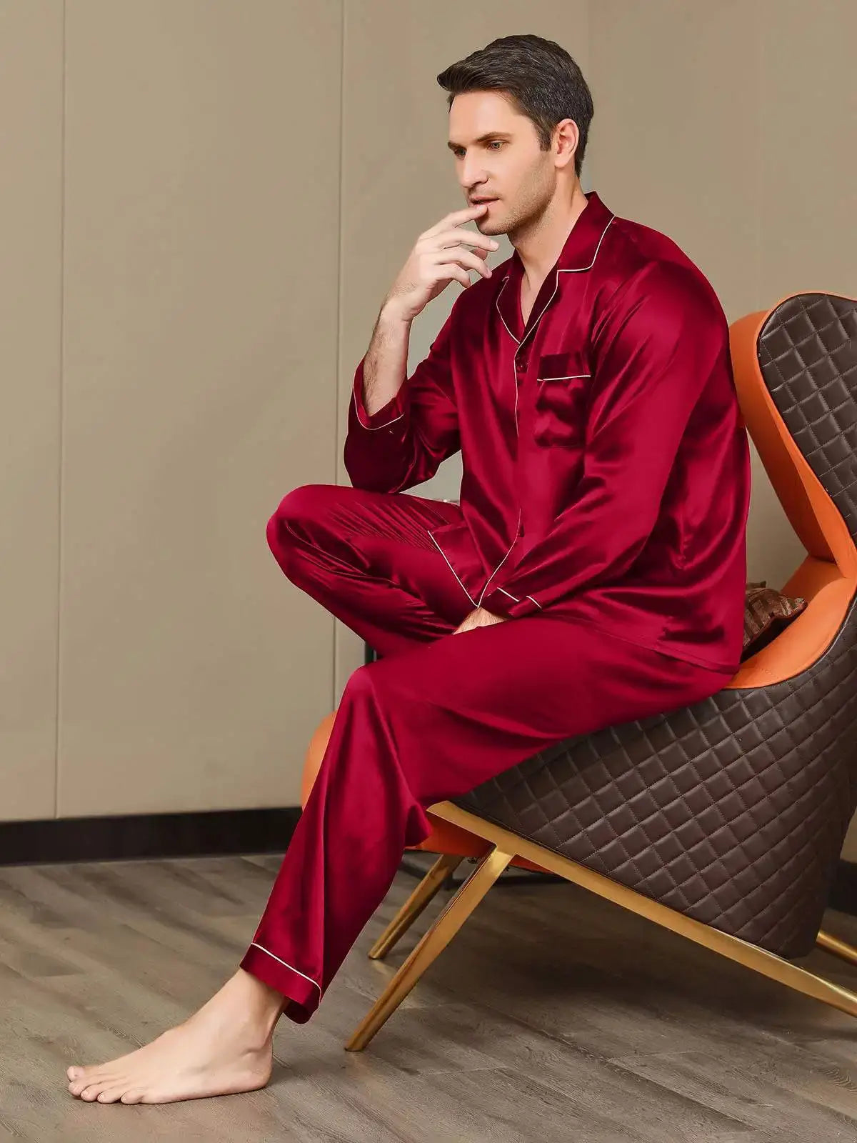 Luxurious Silk Men's Lapel Pajamas 2Pcs - mnp-02