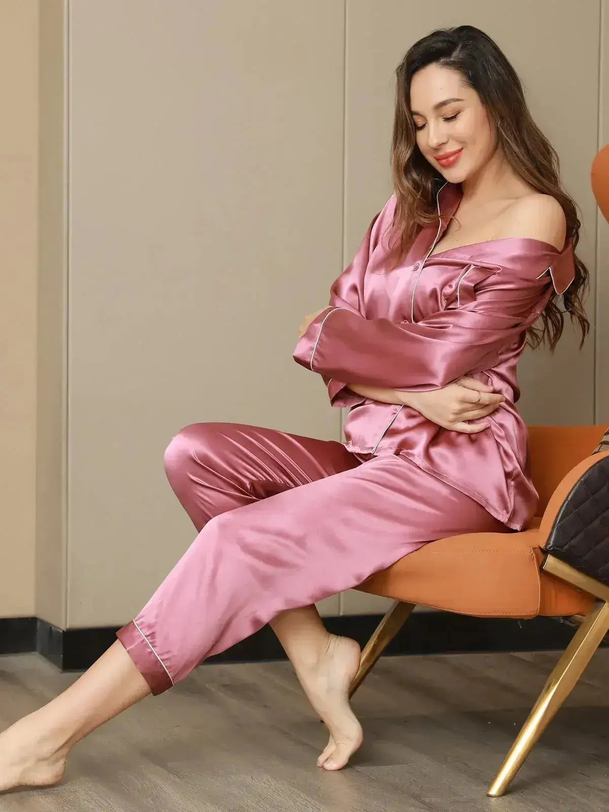 Binding Trim Women' Silk Pajamas Set nt-02 Makhmali