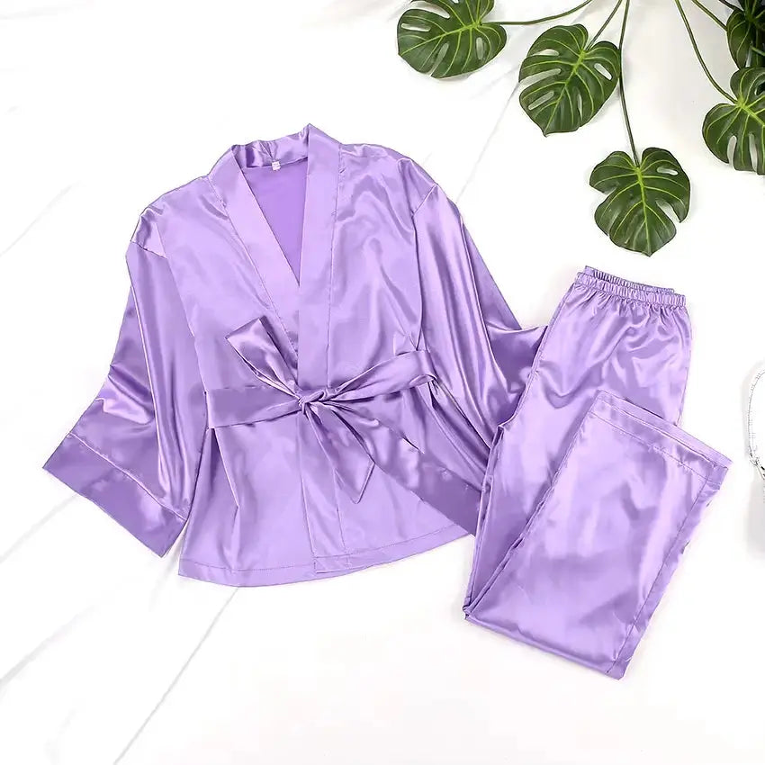 Women's Kimono Style Long Sleeve Silk Pajama Set nt-05 Makhmali