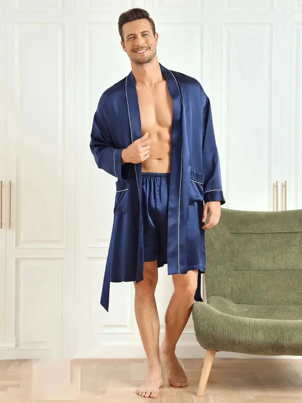 Pure Silk Belted Mens Robe + Shorts 2Pcs - mng-07 Makhmali