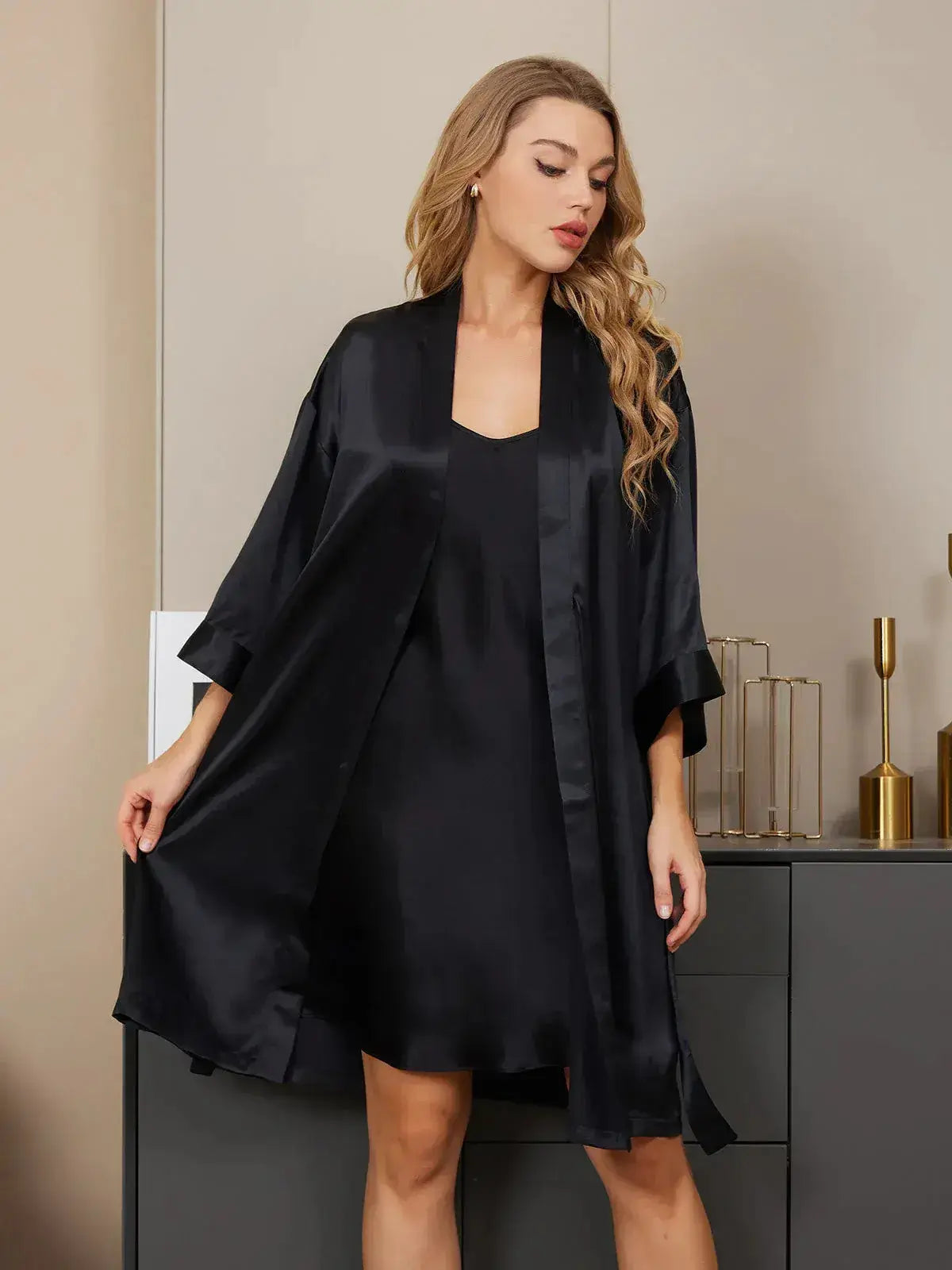 Silk Classic Spaghetti Strap Slip Nightgown & Robe Set 2Pcs - wng-03 Makhmali