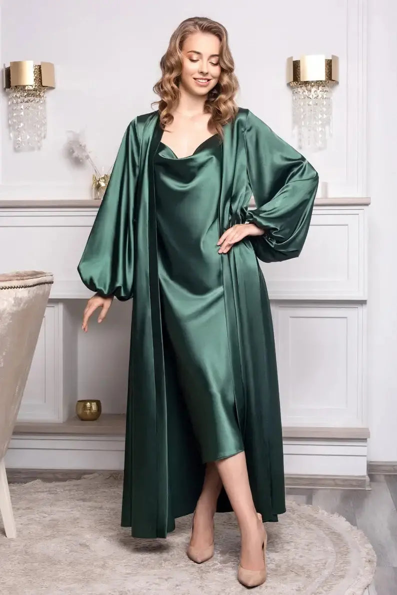 Silk Classic Slip Nightgown & Robe Set 2Pcs - wng-05 Makhmali